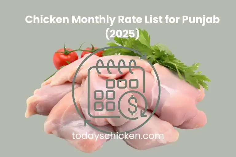 Fresh raw chicken meat with calendar icon and Chicken Monthly price List for Punjab 2025 text