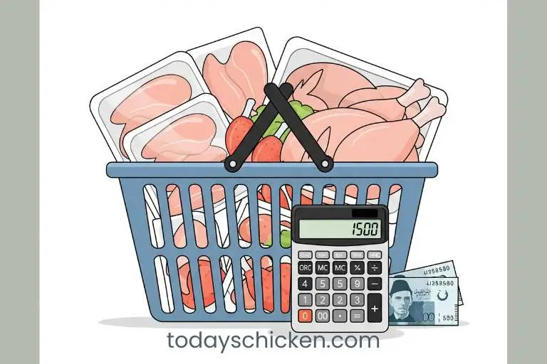 Shopping basket filled with chicken meat packs, calculator showing cost, and Pakistani currency notes