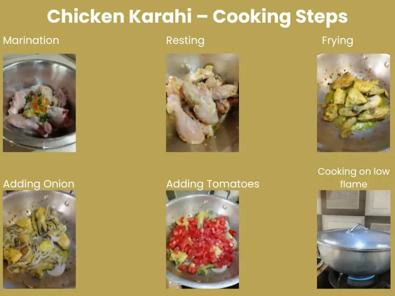 Make easy Chicken Karahi at home with simple ingredients. 3 Collage showing step-by-step chicken karahi cooking process including marination, frying, adding spices, tomatoes, and cooking on low flame.