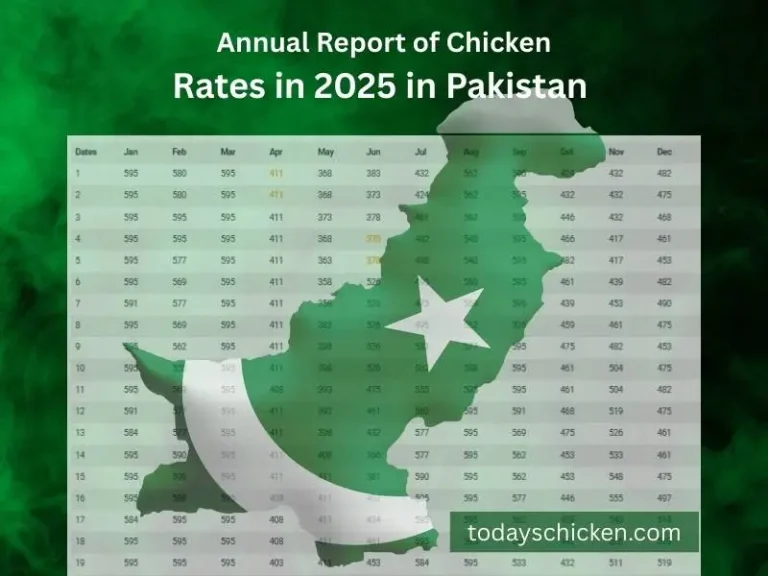 A data table showing the annual report of chicken rates in Pakistan for every day of the year 2025, overlaid on a map of Pakistan with the national flag.