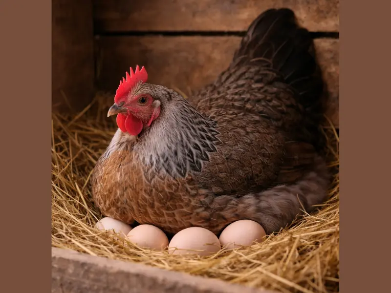 Broody dorking chicken sitting on eggs in a straw nest inside a chicken coop