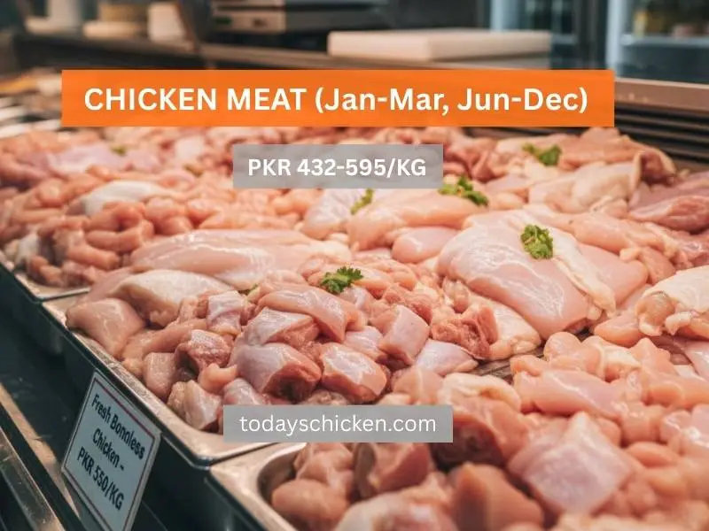Annual Report of Chicken Rates in 2025 in Pakistan 2 Fresh raw boneless chicken meat displayed in a butcher shop with an overlay showing the price range of PKR 432-595 per KG for the annual report of chicken rates.