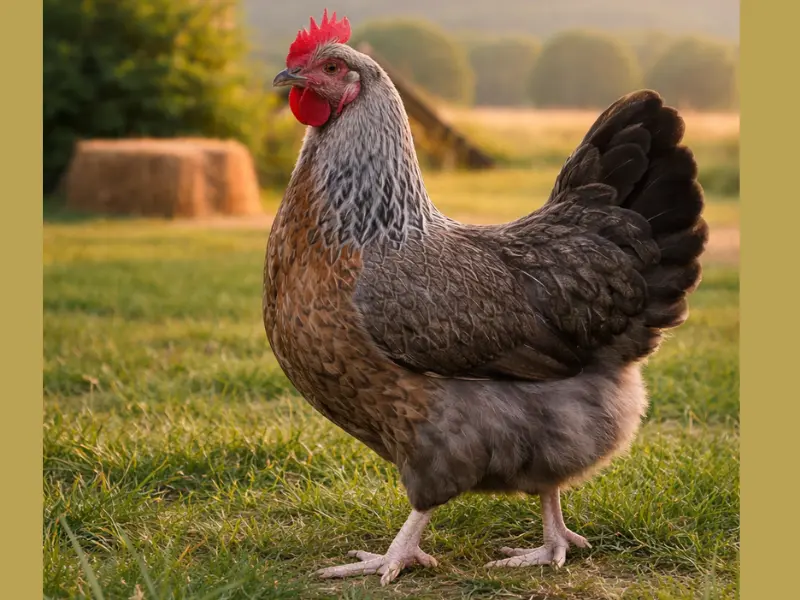Dorking chicken breed standing on green grass, showing five-toed feet and robust body known for high-quality white meat and large white eggs