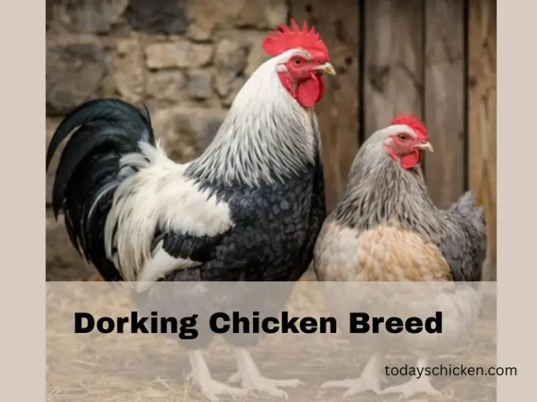 Dorking chicken breed rooster and hen standing in a rustic farm setting, showing five-toed feet and traditional English poultry characteristics