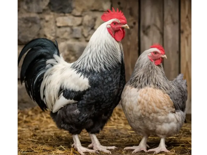 Dorking chicken breed rooster and hen standing in a rustic farm setting, showing five-toed feet and traditional English poultry characteristics