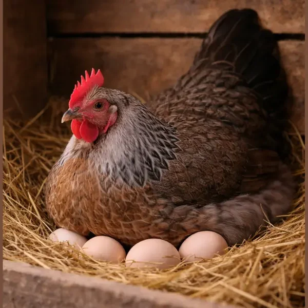 Broody dorking chicken sitting on eggs in a straw nest inside a chicken coop