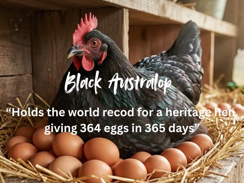 Black Australorp hen sitting on a nest of brown eggs