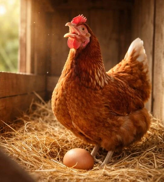 A brown Rhode Island Red hen standing in a straw-filled nesting box with its beak open, squawking or clucking next to a single, freshly laid brown egg in warm, golden sunlight.