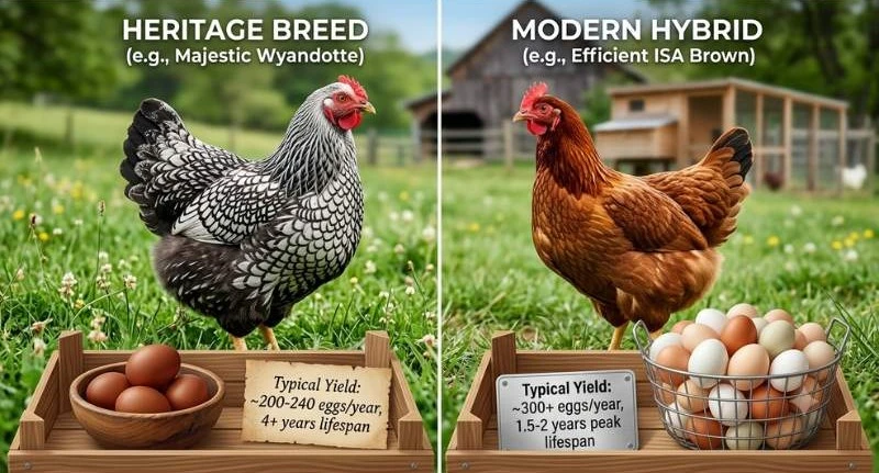 An educational infographic comparing a Heritage Breed Silver Laced Wyandotte chicken with a Modern Hybrid ISA Brown chicken, highlighting their annual egg yield and lifespans.
