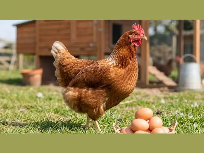 A reddish-brown ISA Brown hybrid hen standing in a grassy backyard next to a small wicker basket filled with fresh brown eggs, with a wooden chicken coop in the background.