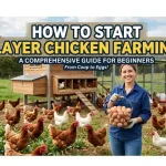 Layer chicken farming with a farmer collecting eggs from hens