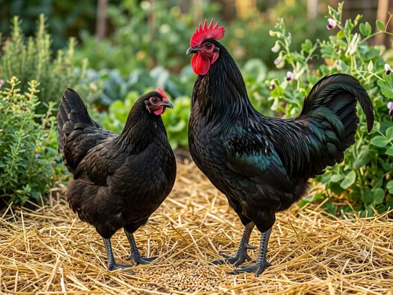 Best Egg Laying hens in Pakistan | Backyard & Farm Guide 10 Black Australorp rooster and hen, one of the best egg laying hens in Pakistan, standing outdoors.
