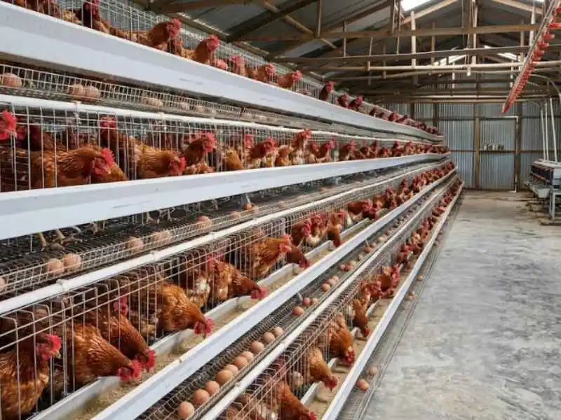 Stepped A-type battery cage with egg layers in a commercial farm for how to start layer chicken farming