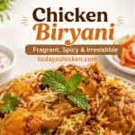 Plate of fragrant chicken biryani garnished with mint leaves, served alongside raita and fresh salad