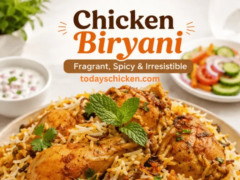 Plate of fragrant chicken biryani garnished with mint leaves, served alongside raita and fresh salad