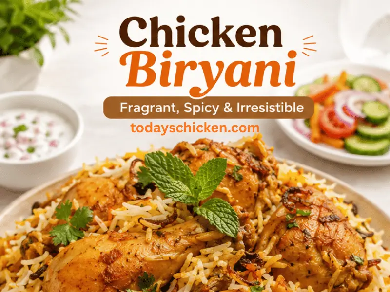 Chicken Biryani Recipe – Easy & Authentic (Step-by-Step) 1 Plate of fragrant chicken biryani garnished with mint leaves, served alongside raita and fresh salad