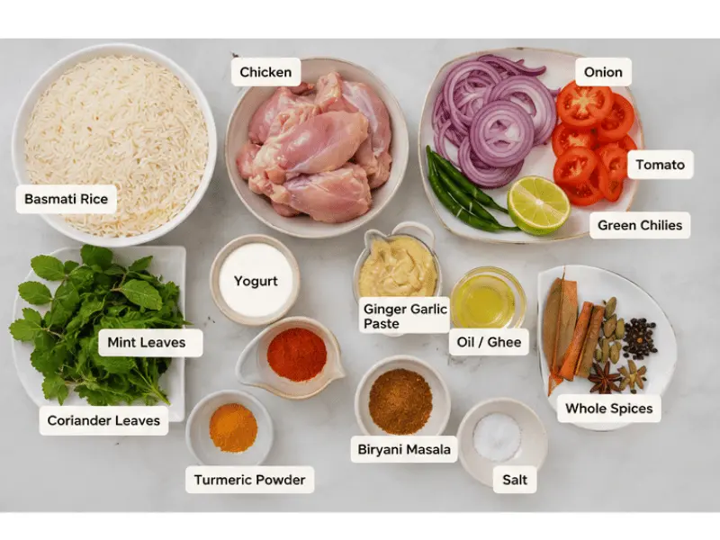 Chicken Biryani Recipe – Easy & Authentic (Step-by-Step) 2 Prepped ingredients for chicken biryani recipe including basmati rice, raw chicken, spices, onions, tomatoes, and herbs
