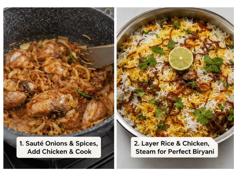 Chicken Biryani Recipe – Easy & Authentic (Step-by-Step) 3 Two-panel collage showing chicken cooking in a pot and layered biryani steaming with rice and fried onions