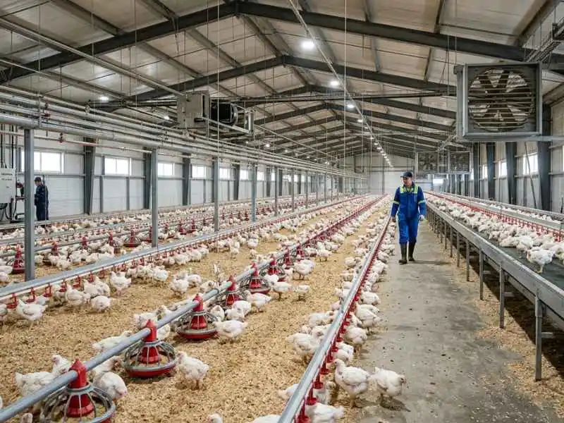 Worker inspecting white layer chickens in an open-floor poultry shed