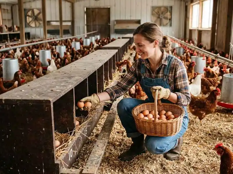Woman collecting fresh brown eggs from wooden nesting boxes in a barn