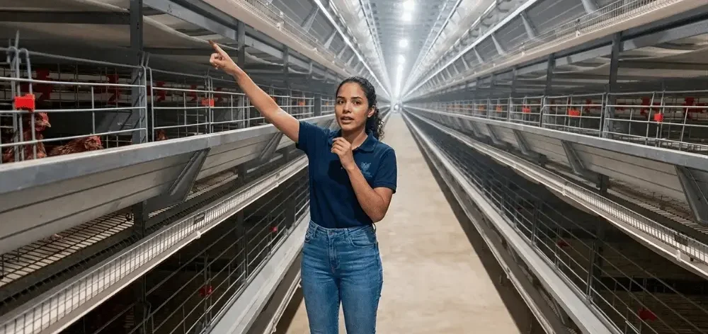 Poultry technician inspecting high-density multi-tier layer cages in a farm shed