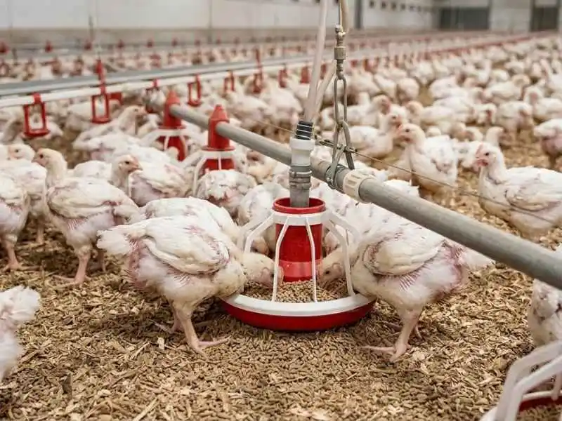 Broiler Chicken Feed Guide: Full Feeding Schedule & Chart 3 Mid-sized broiler chickens eating grower feed from automated suspended feeders in a large poultry barn.