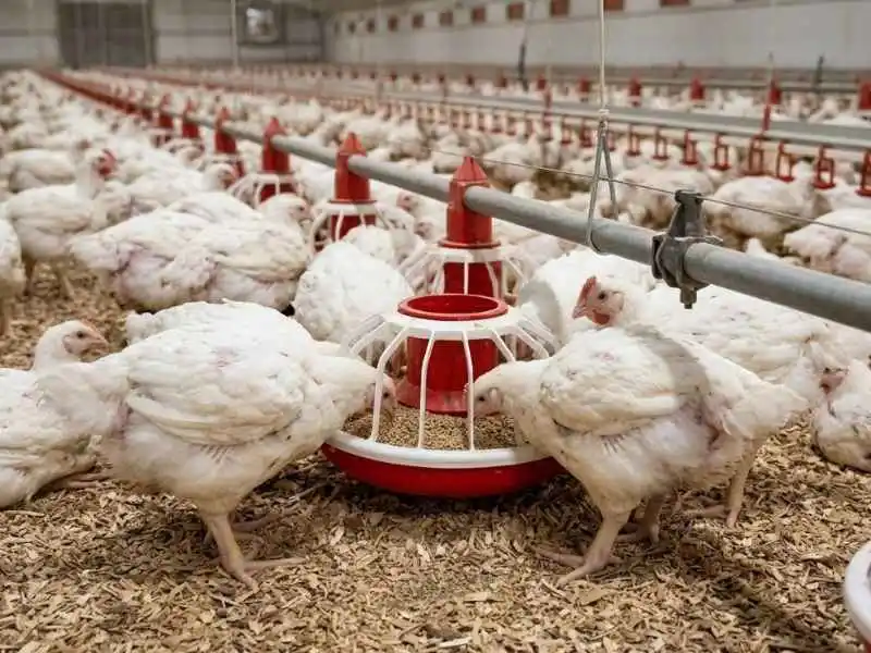 Broiler Chicken Feed Guide: Full Feeding Schedule & Chart 4 Mature broiler chickens eating finisher feed from a red and white poultry feeder to reach market weight.