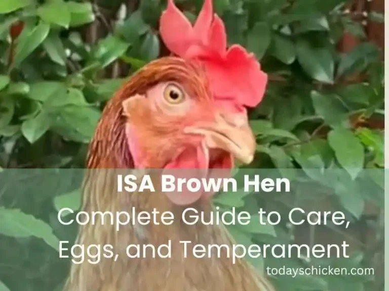 ISA Brown hen head closeup with bright red comb in green garden