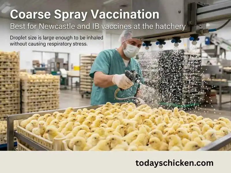 Vaccination Schedule for Broiler Chickens | Today's Chicken 3 Coarse spray vaccination equipment administering Newcastle and IB vaccines to day-old broiler chicks in a hatchery.