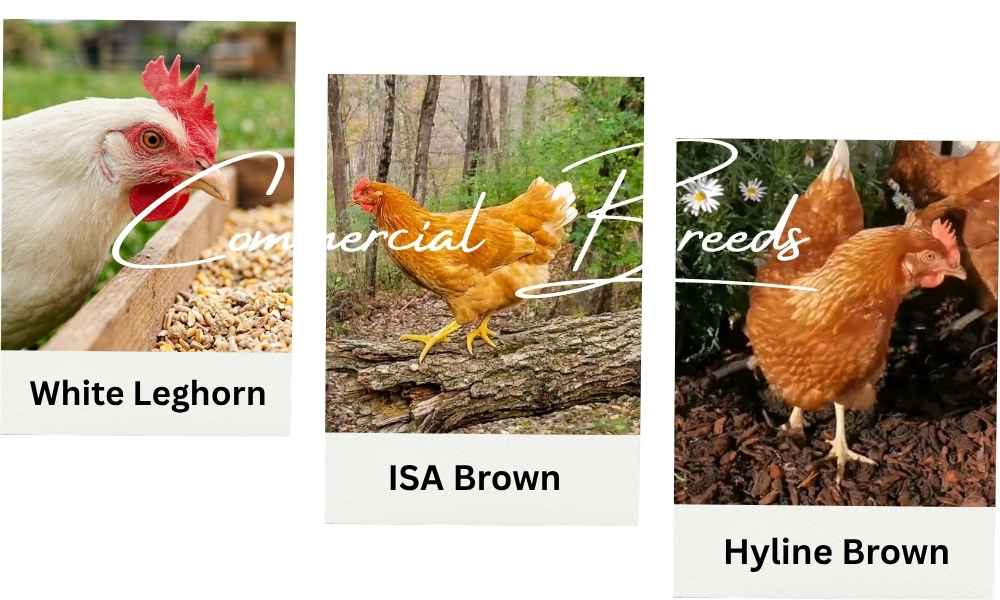 Heritage vs Commercial Chicken Breeds: Which Is Best for You? 2 A three-panel image collage featuring White Leghorn, ISA Brown, and Hyline Brown commercial hybrid egg layers.