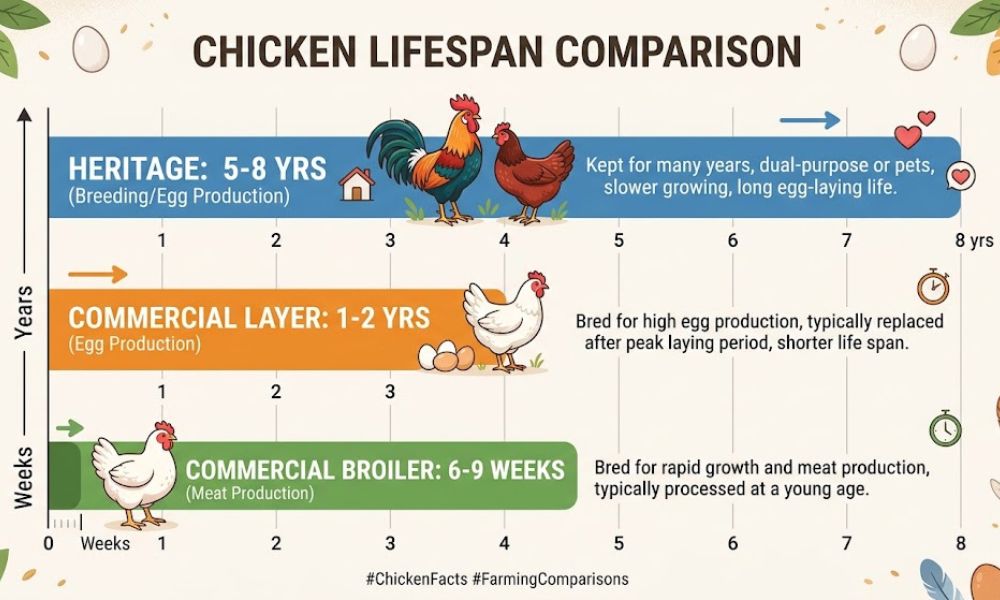 Heritage vs Commercial Chicken Breeds: Which Is Best for You? 3 An infographic chart comparing the lifespans of heritage chickens, commercial layer hens, and commercial broiler chickens.