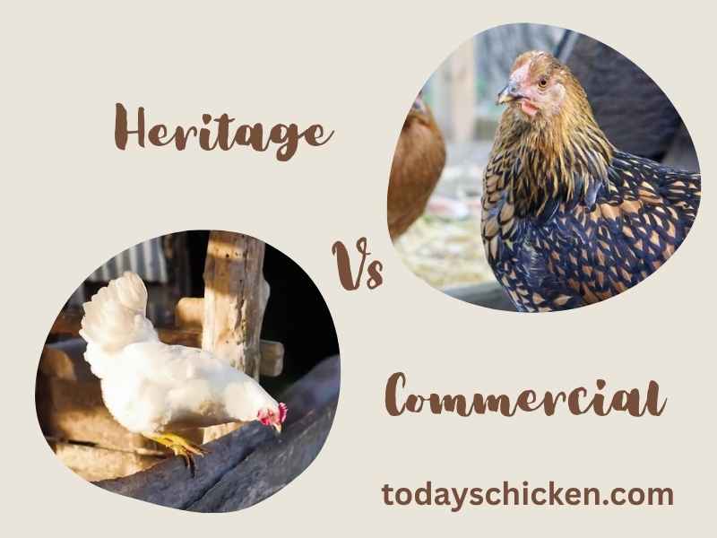 Heritage vs Commercial Chicken Breeds: Which Is Best for You? 1 Split graphic featuring a white commercial hen and a heritage golden patterned hen labeled Heritage Vs Commercial chicken breeds.
