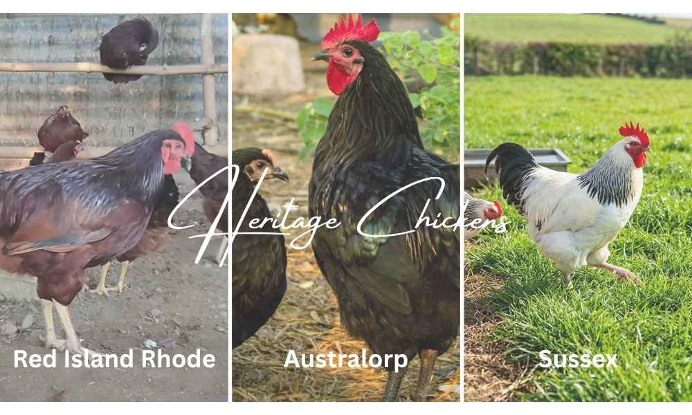 Heritage vs Commercial Chicken Breeds: Which Is Best for You? 1 A three-panel collage displaying Rhode Island Red, Australorp, and Light Sussex heritage chicken breeds in natural settings.