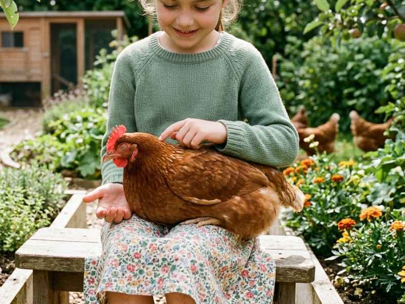 ISA Brown Hen: Complete Guide to Care, Eggs & Temperament 4 A smiling young girl in a green sweater holding a calm ISA Brown hen in a backyard garden setting.