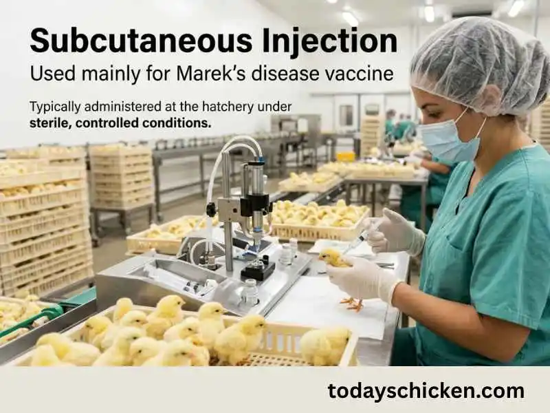Vaccination Schedule for Broiler Chickens | Today's Chicken 6 Hatchery technician giving a subcutaneous injection for Marek's disease vaccine to a day-old broiler chick under sterile conditions.