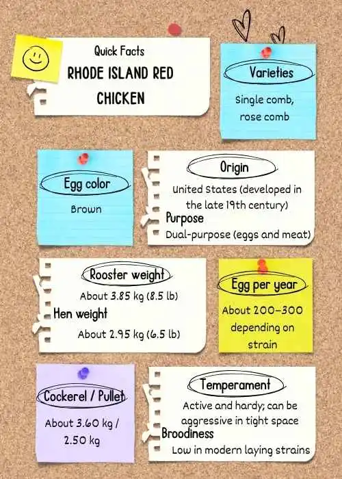 An infographic pinned to a corkboard detailing quick facts about Rhode Island Red chickens, including varieties, origin, purpose, egg production, weight, temperament, and broodiness.