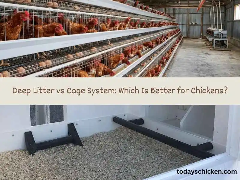 Deep Litter vs Cage System: Which Is Better for Chickens? 1 Comparison image contrasting a multi-tier cage system with a deep litter system for chickens