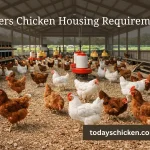 Commercial poultry barn interior showing healthy laying hens with proper feeder lines and nesting boxes meeting layers chicken housing requirements.