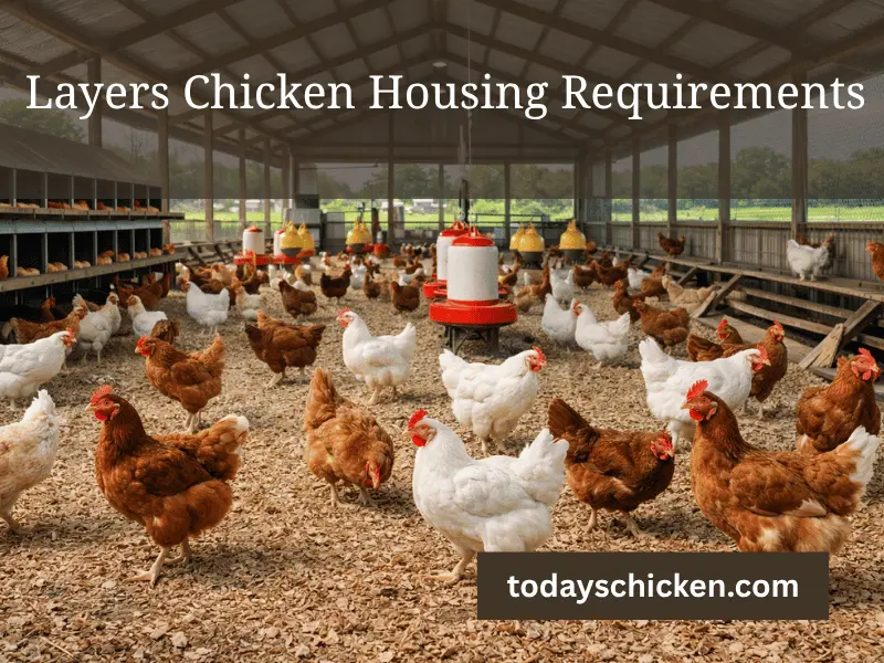 Commercial poultry barn interior showing healthy laying hens with proper feeder lines and nesting boxes meeting layers chicken housing requirements.