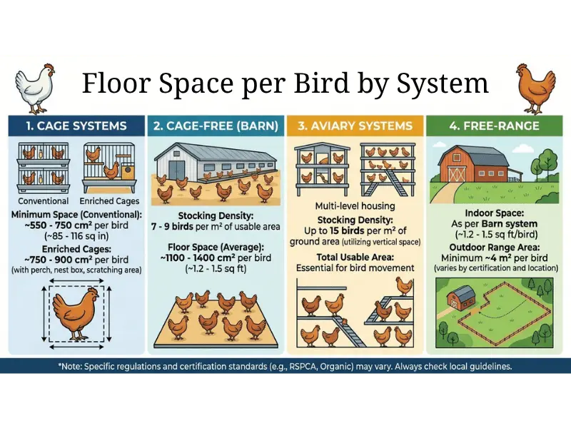 Infographic comparing floor space per bird by housing system for layers chicken housing requirements across cage, cage-free, aviary, and free-range setups.