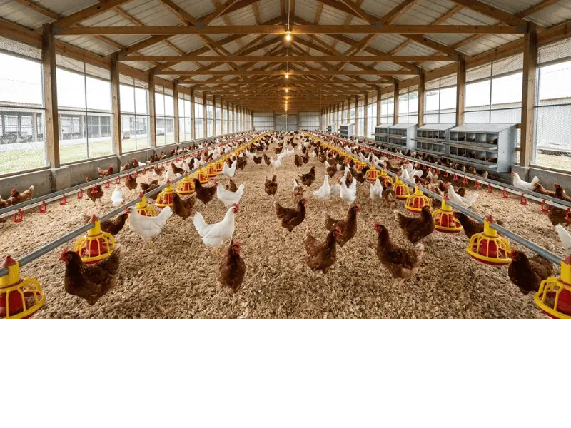 Wide interior view of a well-ventilated cage-free poultry barn meeting layers chicken housing requirements with hanging automatic feeders and perches.