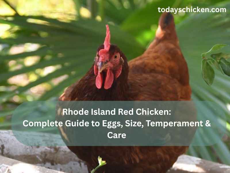 Rhode Island Red chicken guide banner featuring eggs, size, temperament, and care tips